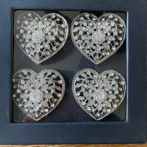 Nicole Miller Heart Napkin Ring Holder SET 4 Silver Rhinestone Valentine's Day